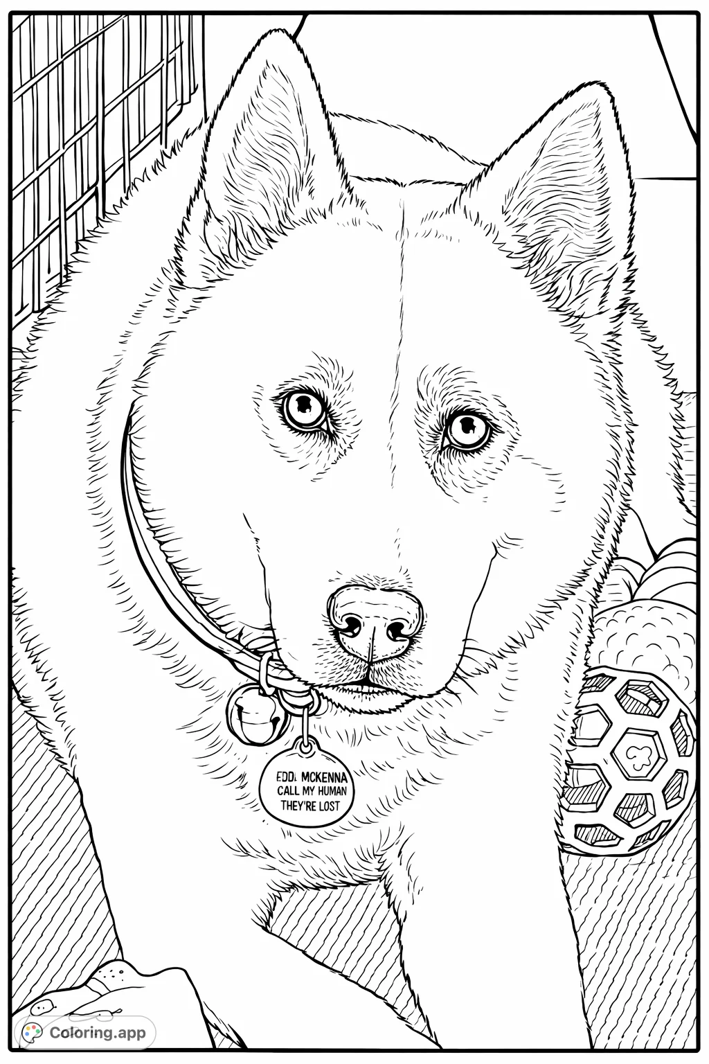 A charming husky rests surrounded by its toys, gazing directly at you. A delightful animal portrait perfect for dog lovers and a heartwarming free printable.