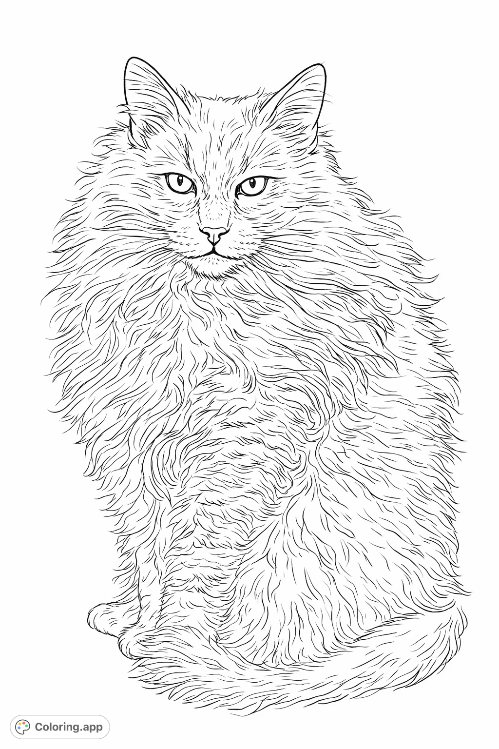 A majestic long-haired cat with a captivating gaze, showcasing abundant, detailed fur. Perfect for cat lovers seeking a delightful coloring challenge.