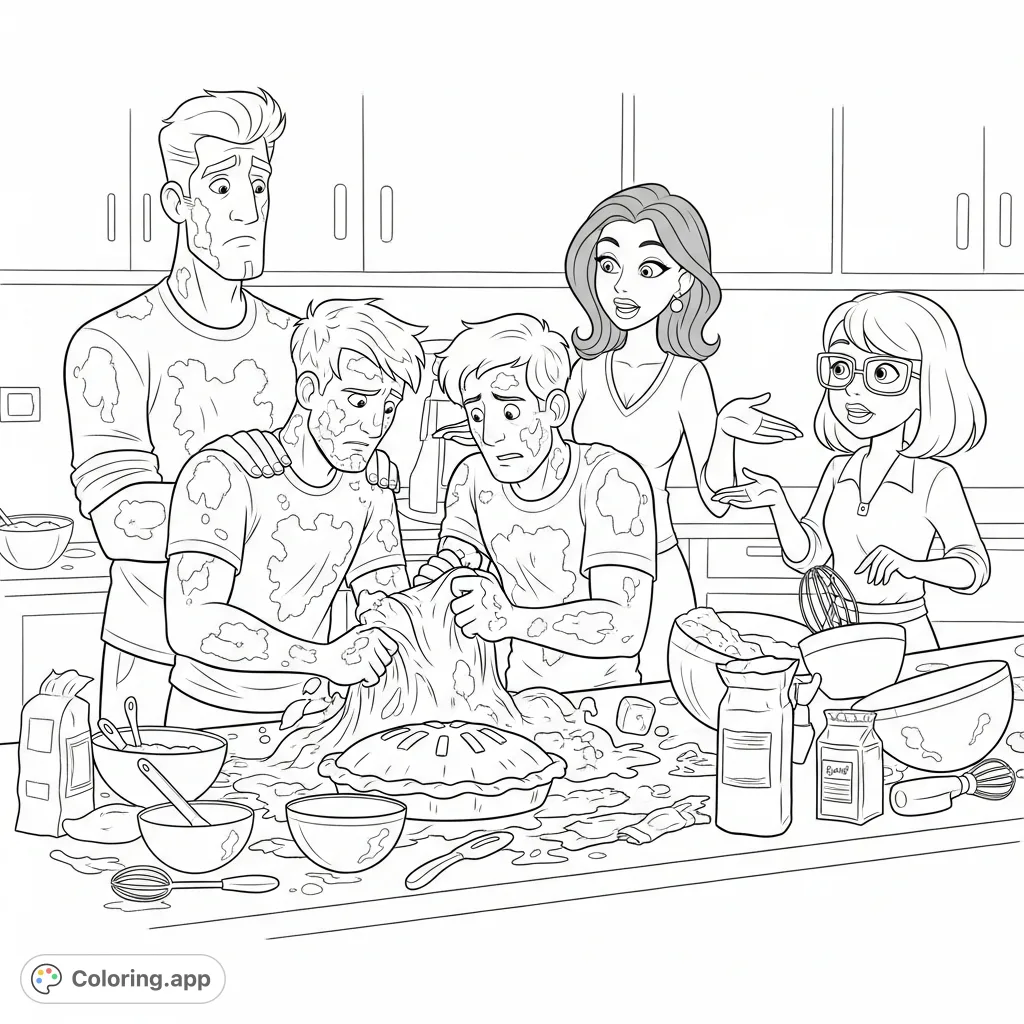 Dive into a lively kitchen scene as friends hilariously bake a holiday pie, covered in flour amidst cluttered counters and instruction-giving. A delightful, detailed challenge!