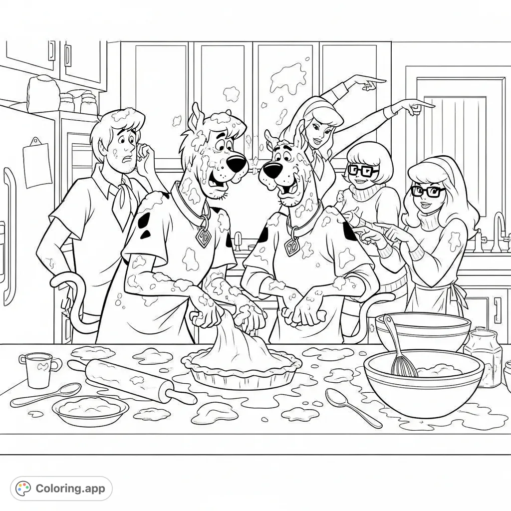 Join Scooby-Doo and Shaggy in a flour-filled kitchen baking a Thanksgiving pie, with Fred, Daphne, and Velma caught in the hilarious culinary chaos.