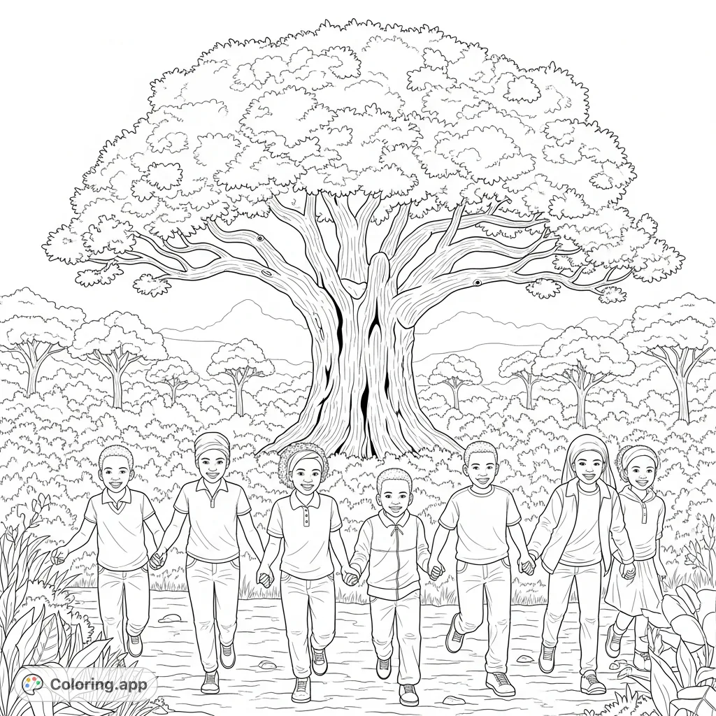 A vibrant African children coloring page depicting happy kids running hand-in-hand through a dense South African forest towards a majestic ancient tree. Inspire creativity!