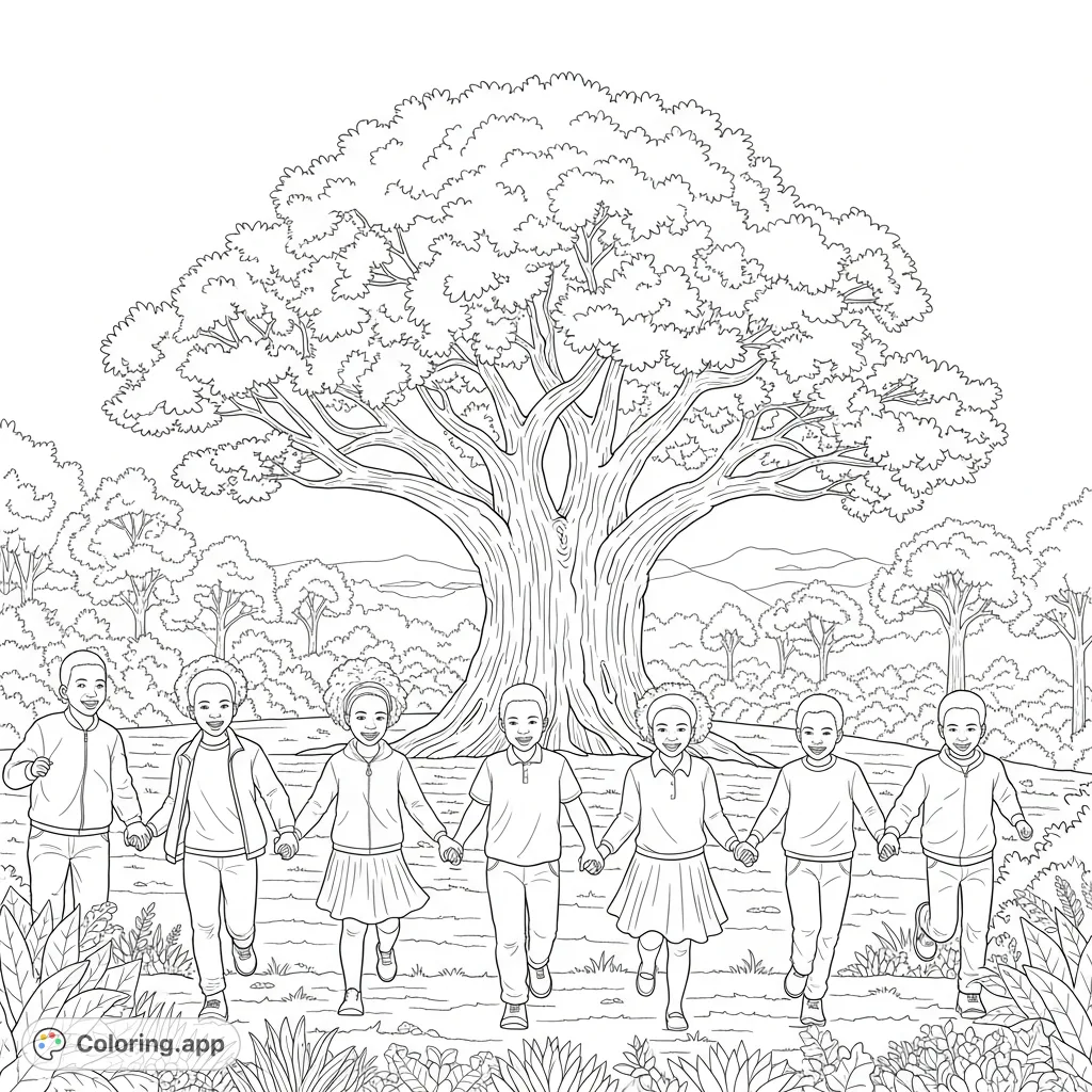 Capture the joy of childhood with this free printable African kids coloring page! Modern children running hand-in-hand towards a majestic tree in a vibrant forest scene.