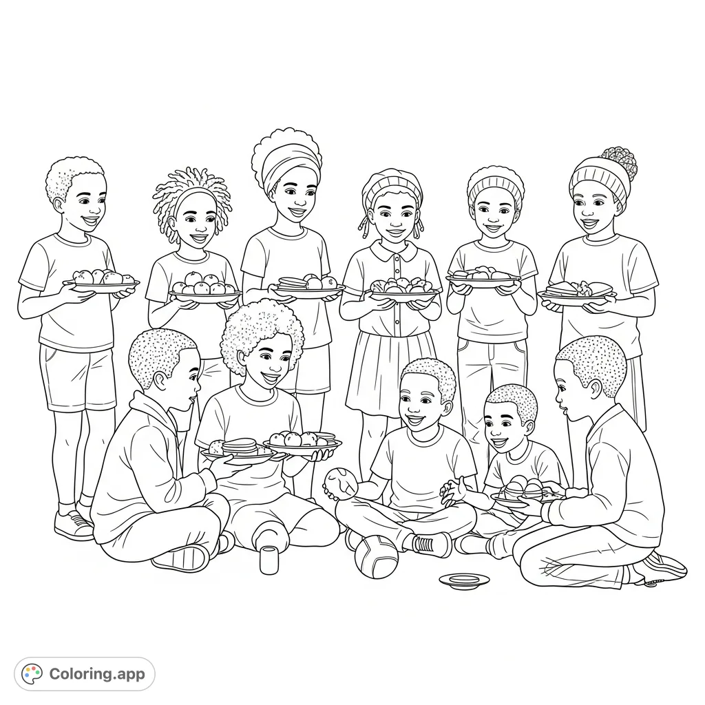 A heartwarming scene of diverse modern African children in South Africa sharing food and playing, embodying the spirit of Ubuntu. Perfect for kids!