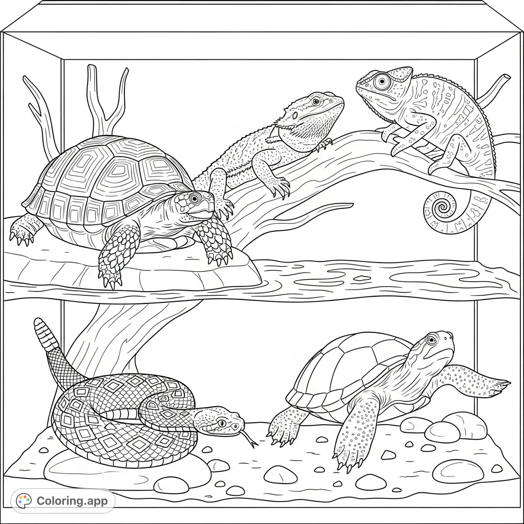 Explore a detailed reptile aquarium featuring a tortoise, bearded dragon, chameleon, rattlesnake, and turtle. Perfect for animal lovers!