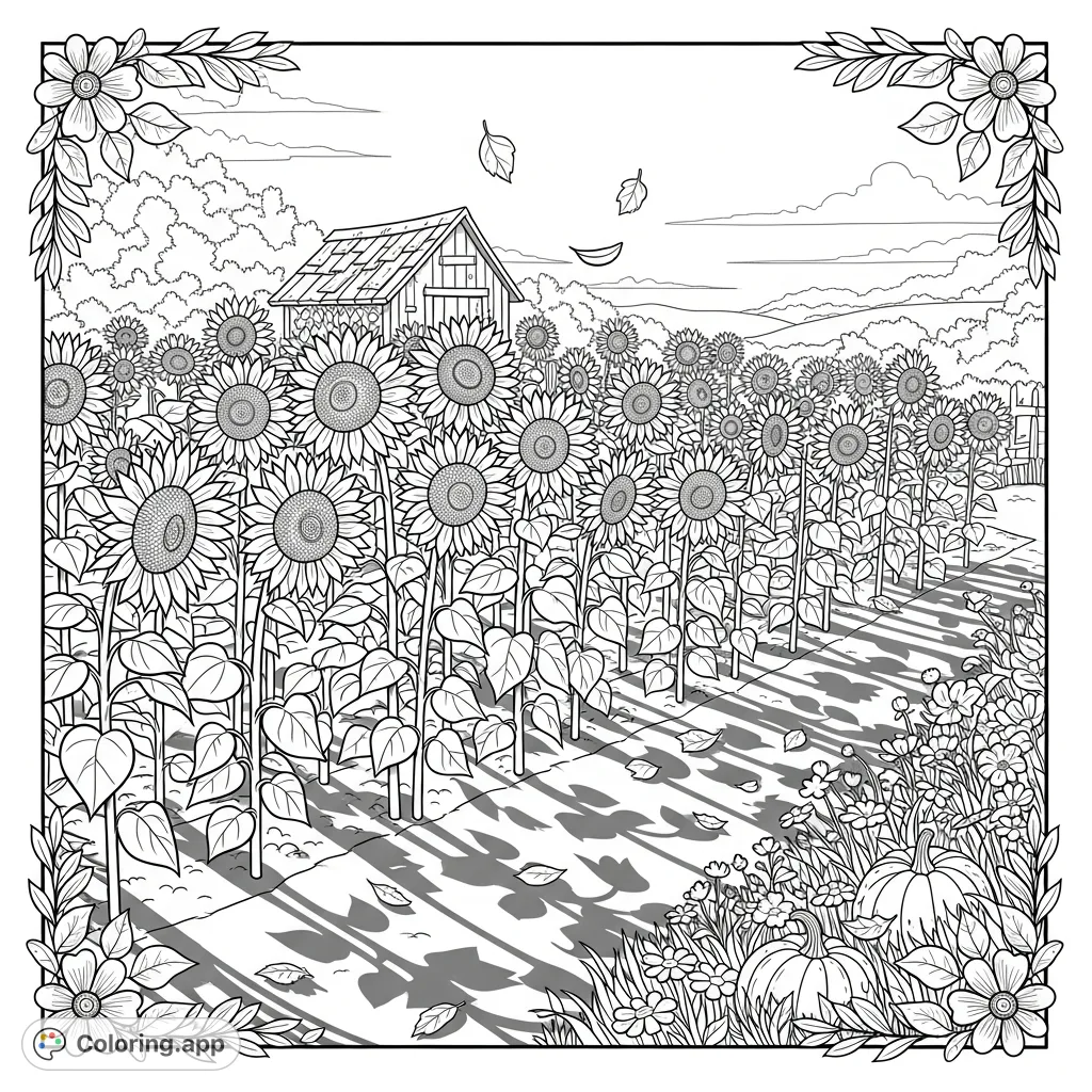 Explore a serene sunflower garden patch with towering blooms casting long shadows, a distant weathered shed, and a border of wildflowers. Perfect for nature lovers!