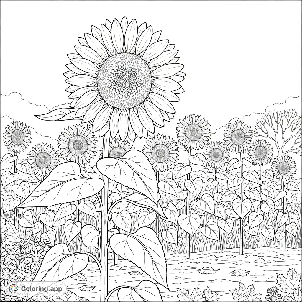 A magnificent towering sunflower with intricate central disk and textured petals, surrounded by a dense garden of other sunflowers and broad leaves.