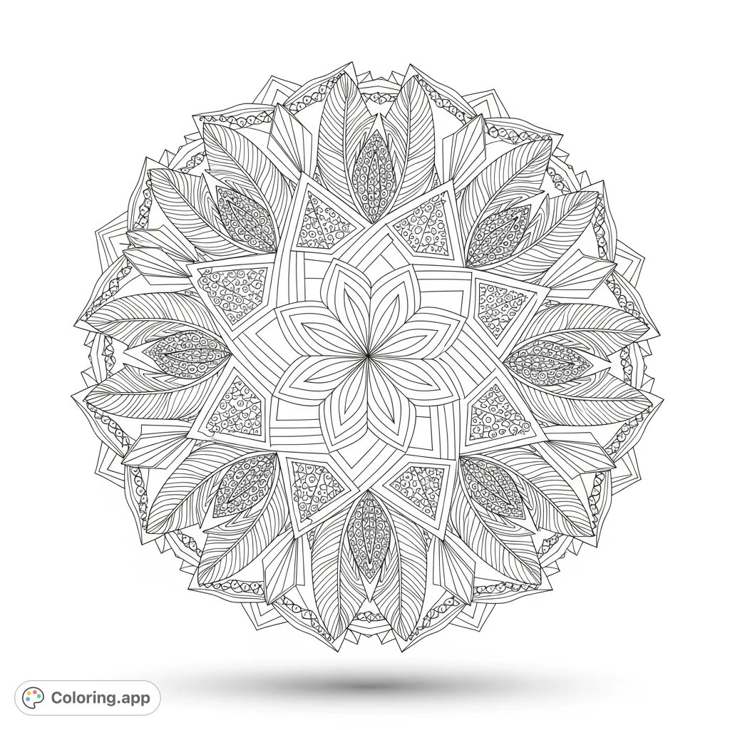 Discover a majestic mandala coloring page featuring intricate feathers and crystalline patterns, perfect for mindful coloring and creative expression.