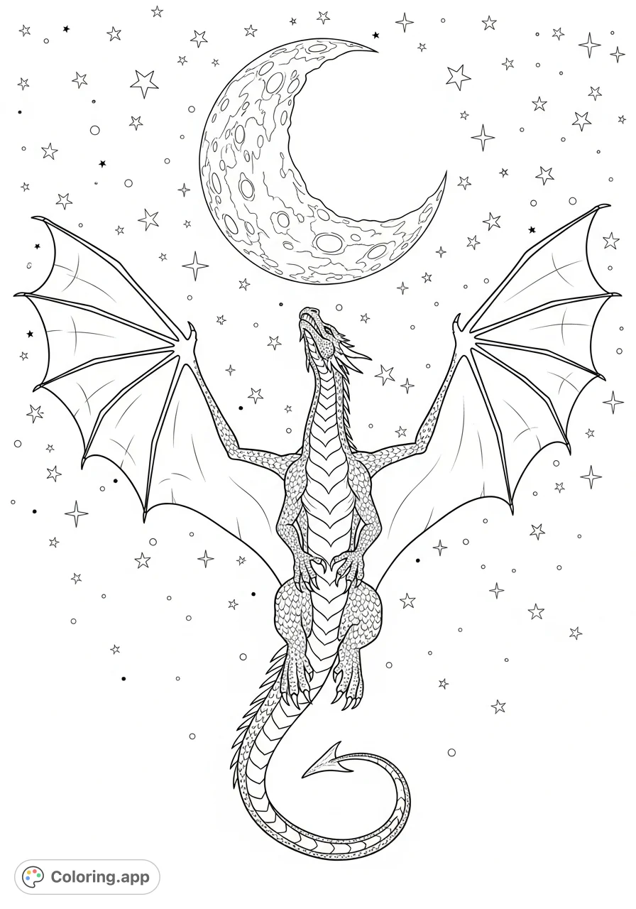 Witness a magnificent dragon soaring through the night sky, illuminated by a grand crescent moon and a scattering of twinkling stars. A magical scene for all ages.