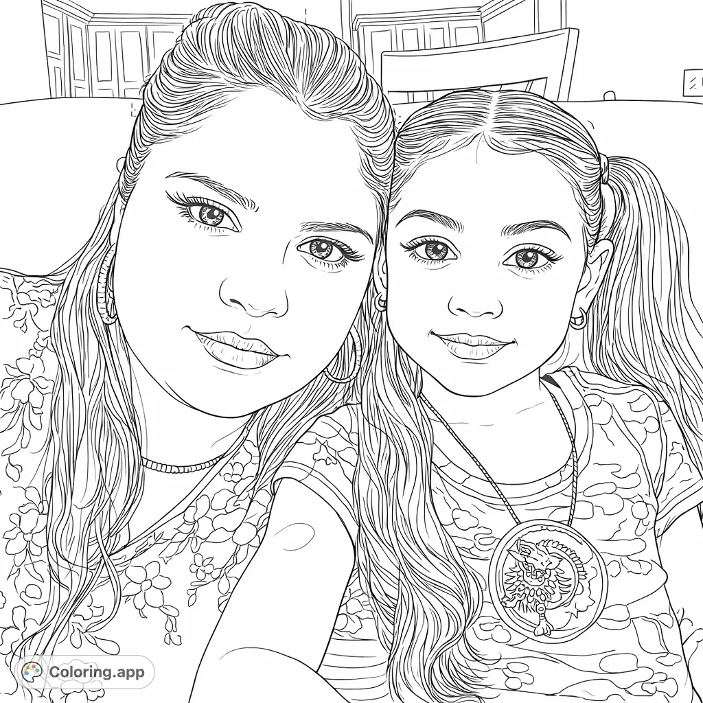 A heartwarming portrait of a woman and a child, featuring detailed patterns on their clothing and an engaging spiral design on a pin. Perfect for expressive coloring.