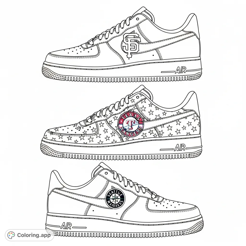 Three iconic Air Force 1 sneakers, customized with San Francisco Giants, Texas Rangers, and Seattle Mariners logos, stacked for a unique coloring page.