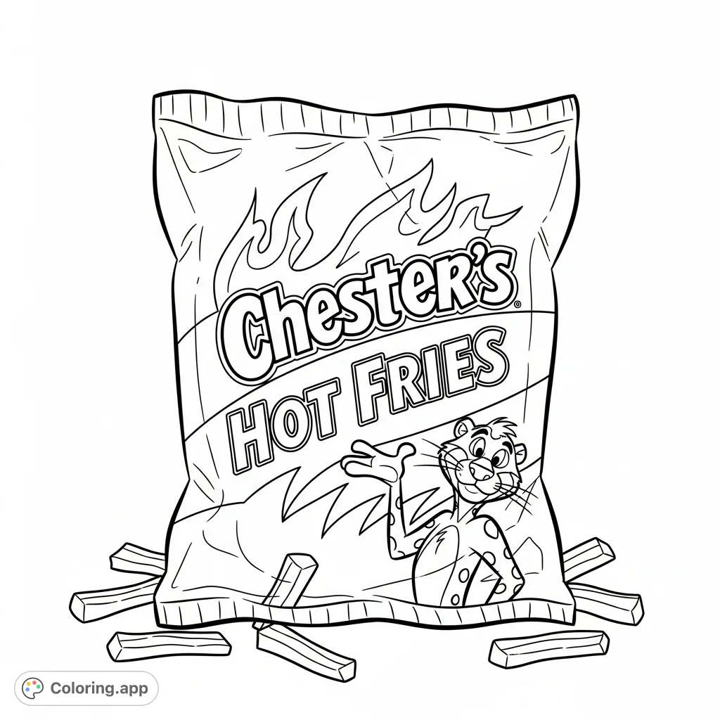 A fun, cartoon version of a Chester's Hot Fries chip bag, featuring bold branding, the iconic Chester Cheetah, and whimsical details, ready for vibrant coloring.