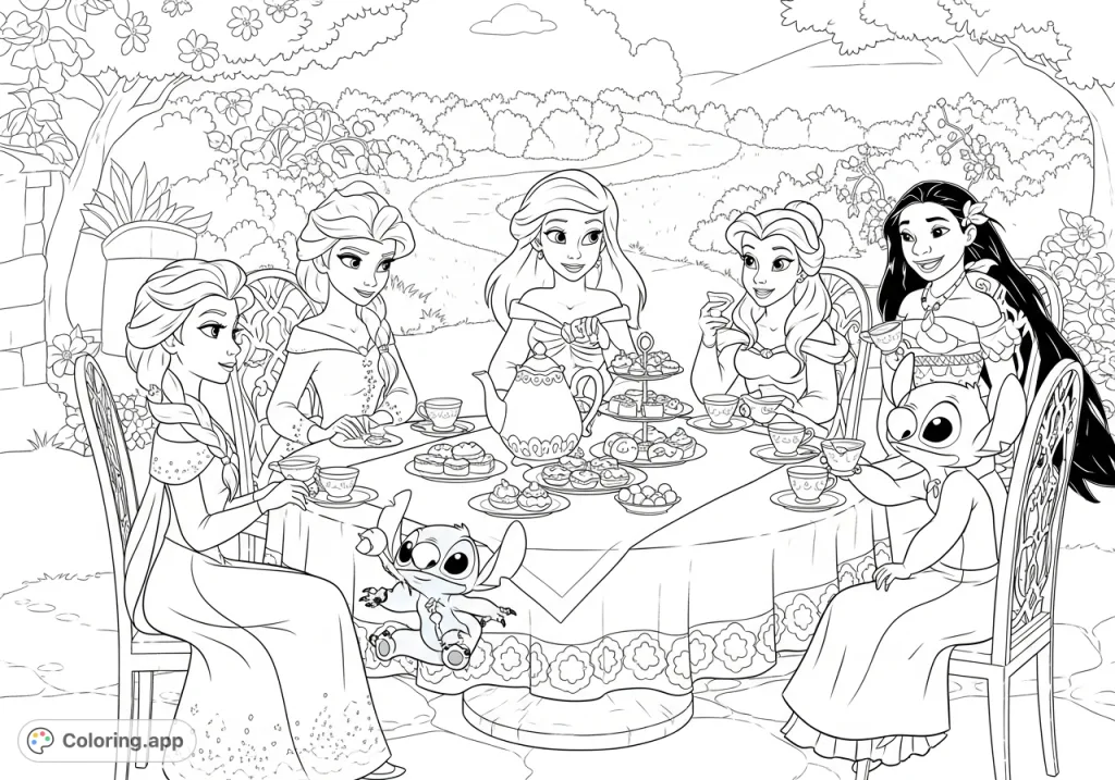 Join Elsa, Ariel, Belle, Moana, Lilo, and Stitch for a charming tea party! This free printable coloring page is packed with beloved characters and whimsical details.