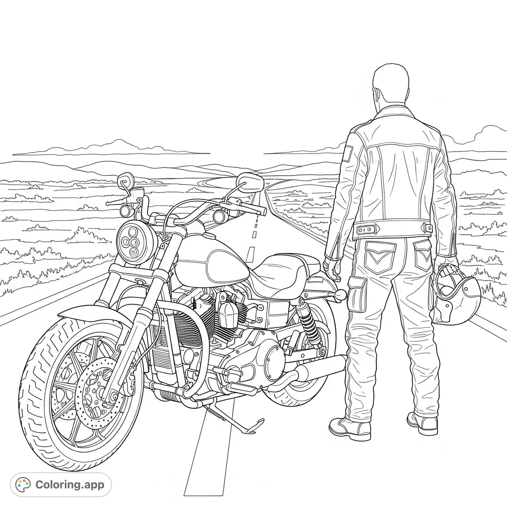 Rev up your creativity with this Harley Davidson biker theme coloring page! A powerful motorcycle and its rider await your artistic touch on an open road.