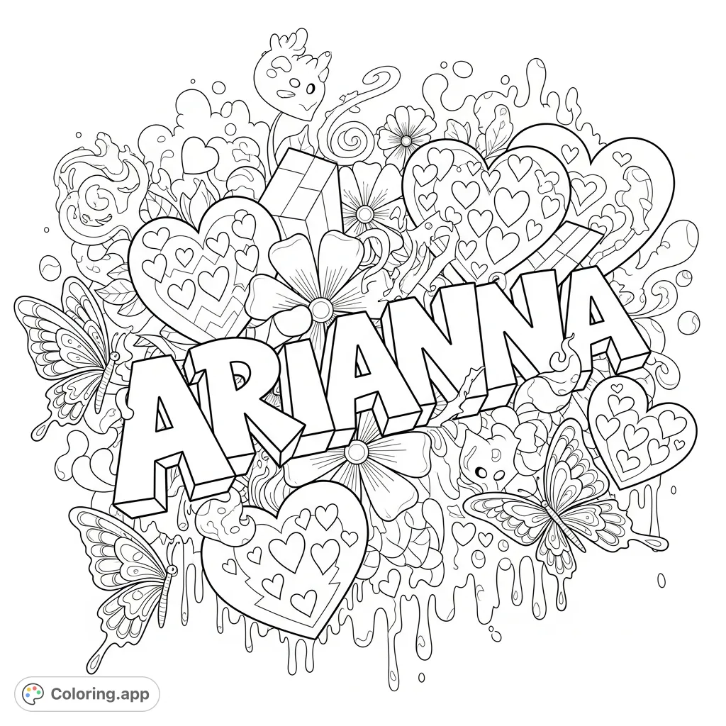 A personalized graffiti-style page featuring "Arianna" in bold 3D letters, surrounded by intricate hearts, flowers, butterflies, and a dynamic bubbly background.