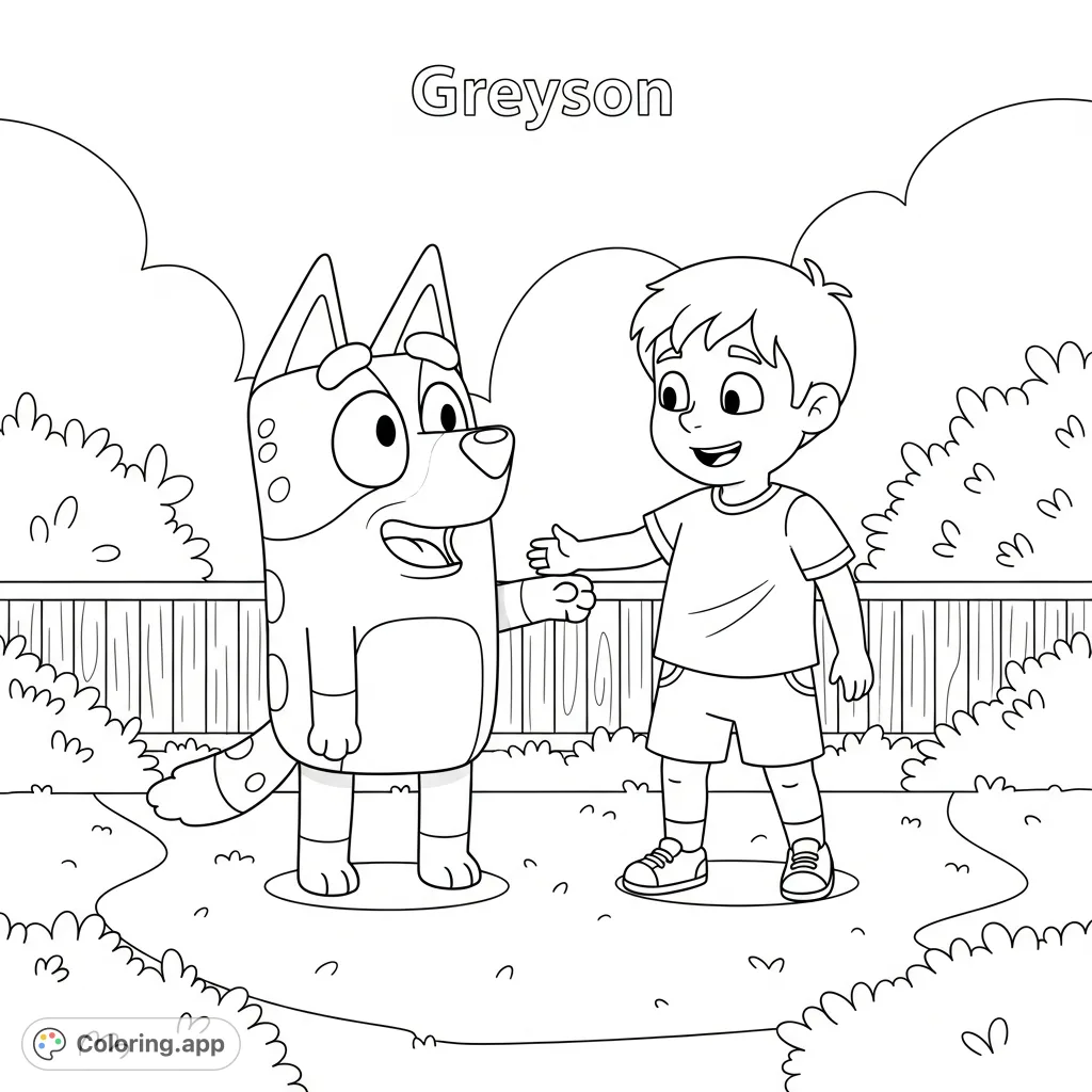 Join Bluey and Greyson in a playful backyard adventure! This free printable Bluey coloring page features the beloved cartoon dog and her new friend.