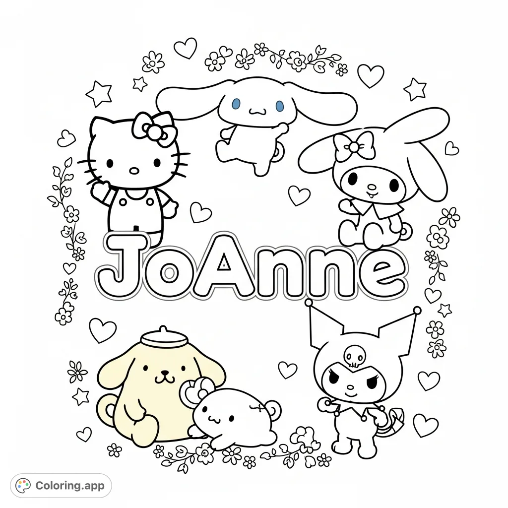 A delightful Sanrio characters coloring page featuring Hello Kitty, My Melody, and friends surrounding the name 'JoAnne', perfect for personalized fun and creativity.