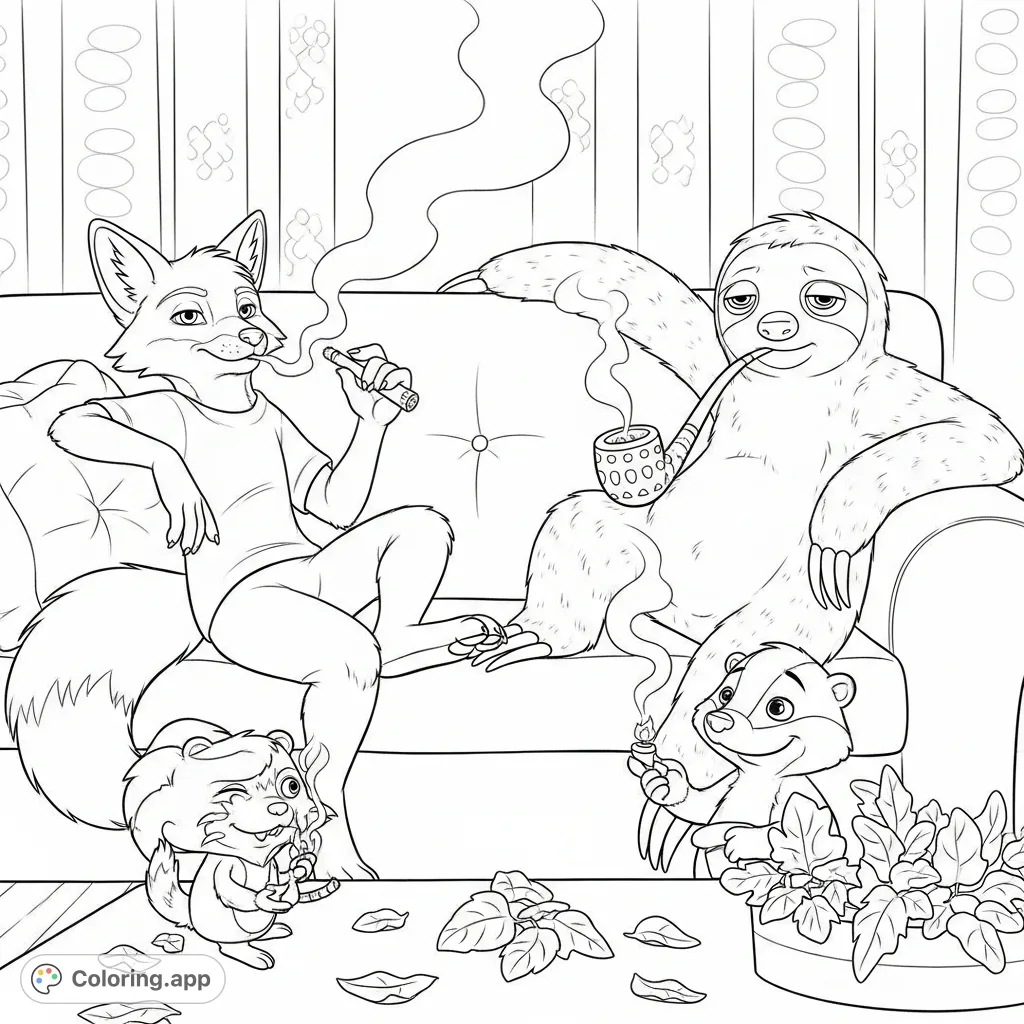 This adult coloring page features whimsical cartoon characters in a laid-back scene, enjoying a peaceful moment with stylized smoke.
