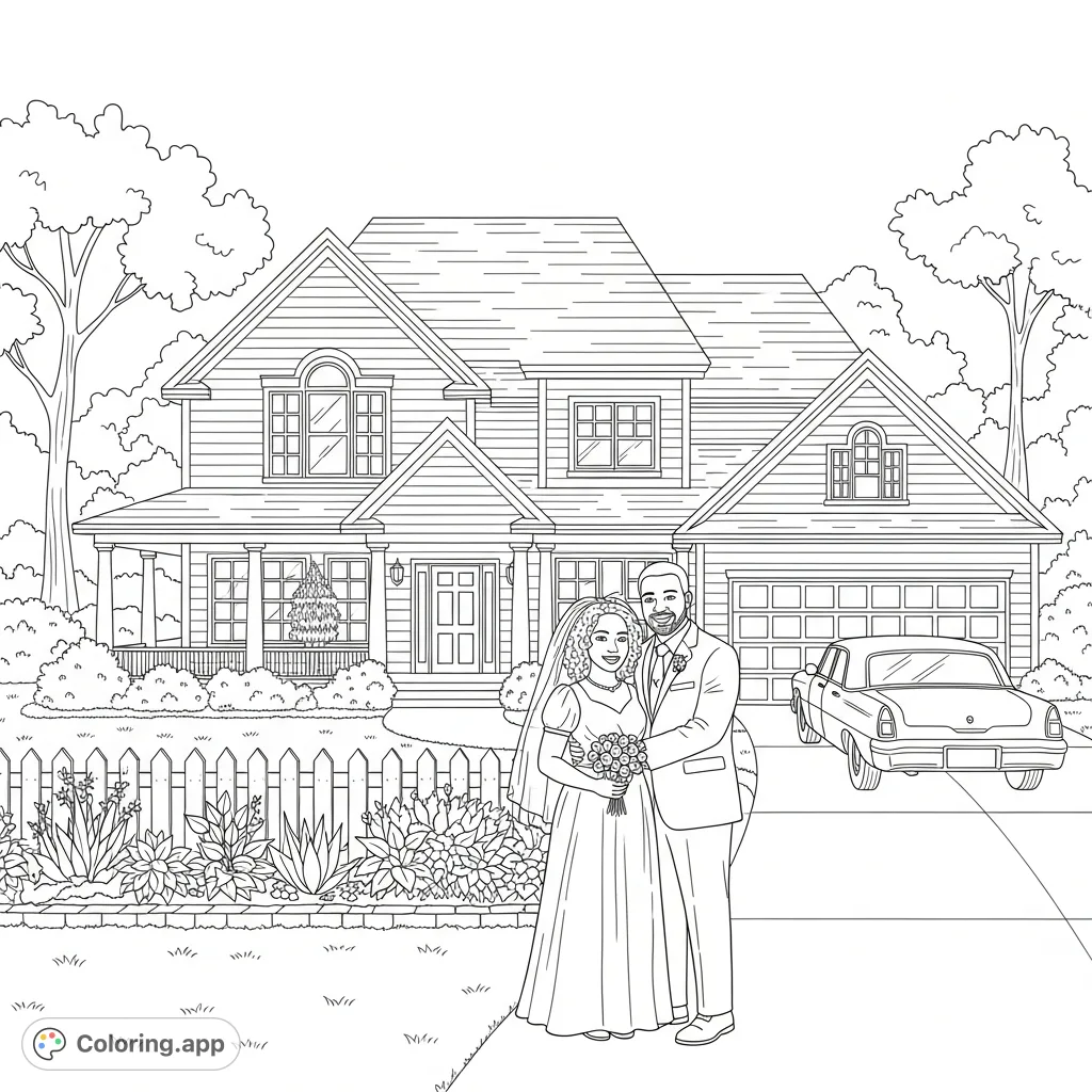 Celebrate love and home with this heartwarming family coloring page, a free printable depicting a Black married couple with their charming house and car.