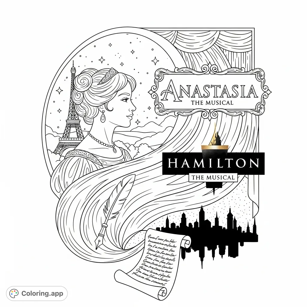 A unique Anastasia and Hamilton playbills coloring page, featuring iconic characters and motifs from both beloved Broadway musicals in an elegant, combined design.