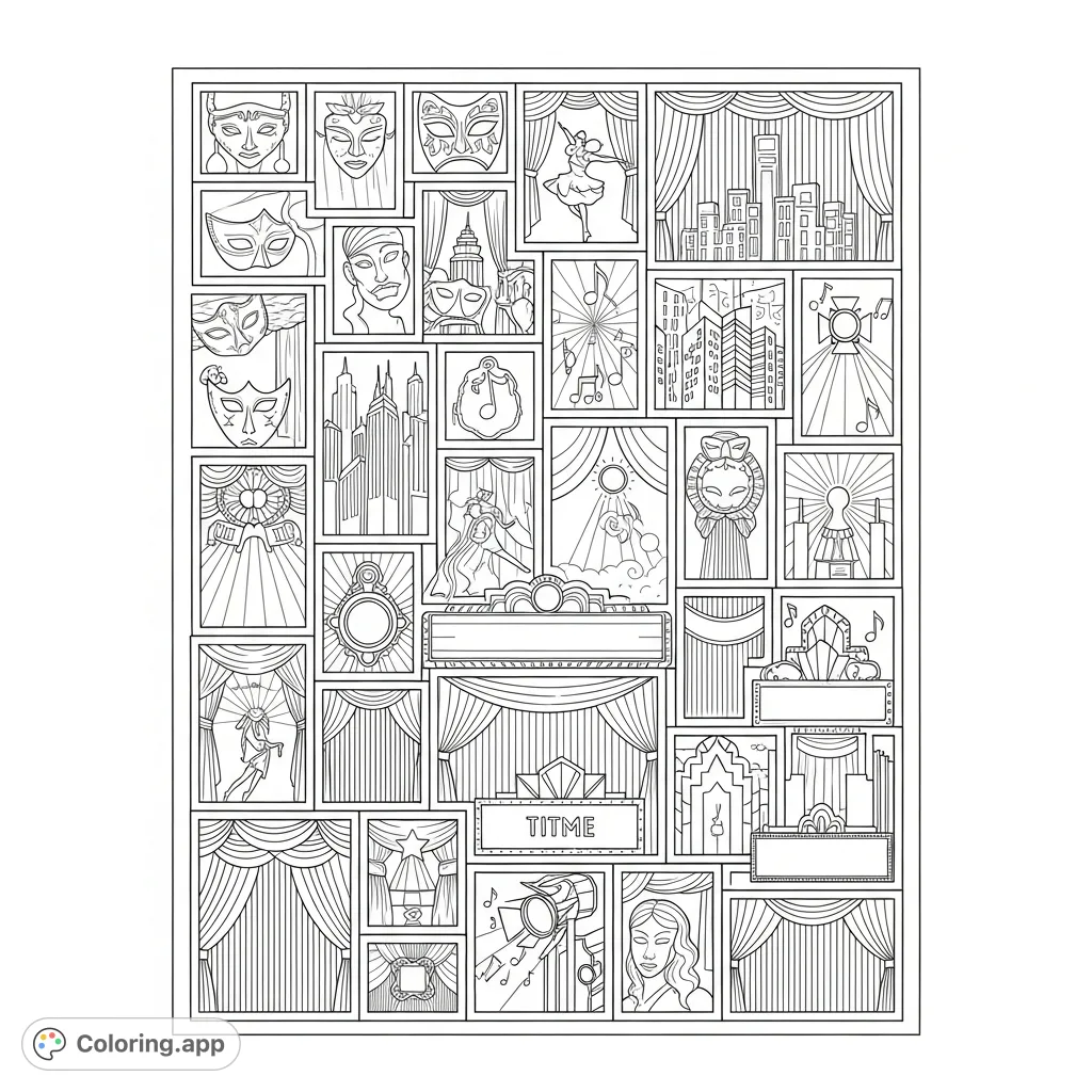 An intricate collection of miniature Broadway show posters, each with unique theatrical elements, arranged on a grand poster. A detailed scene for theater lovers.