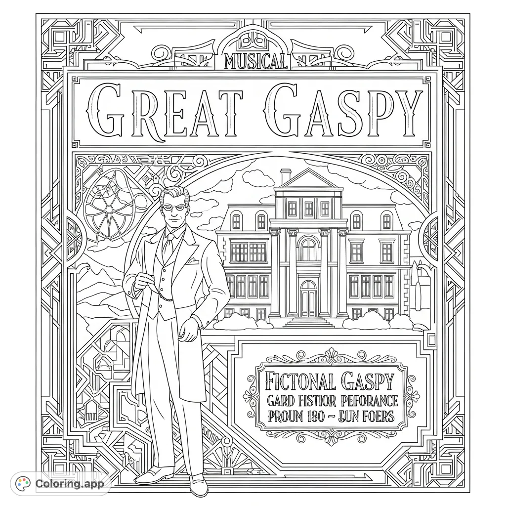 An elegant Great Gaspy musical playbill coloring page, featuring classic typography, Art Deco designs, and iconic imagery for a sophisticated creative experience.