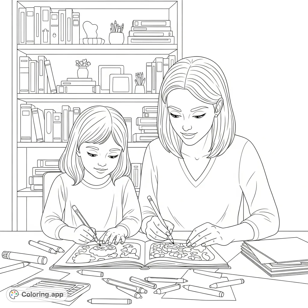 A heartwarming free printable coloring page depicting a mother and daughter with shoulder-length hair enjoying a focused creative session together at a table.