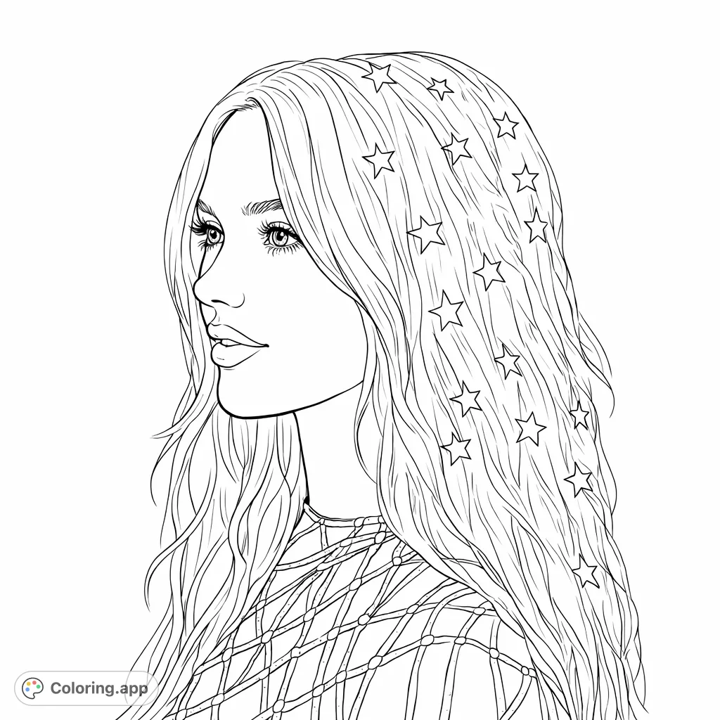 Capture a stylish portrait featuring a young woman with long, flowing hair adorned with numerous stars and a unique netted top. A celestial-themed coloring page.