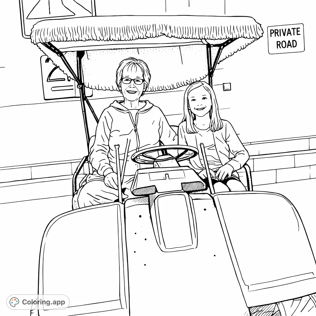 An older woman and a young girl smile from a golf cart with a fringed canopy, set against a textured wall and various signs. A heartwarming scene to color.