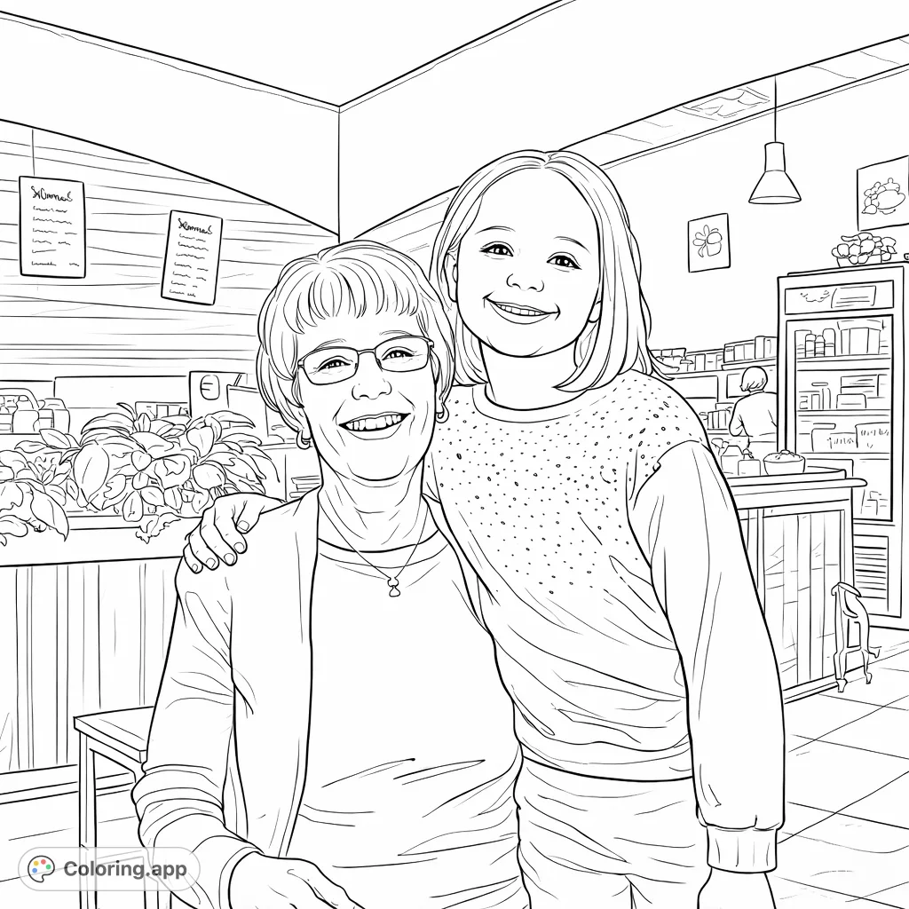 A heartwarming scene of a grandmother and child embracing and smiling. Capture their loving bond in this delightful free printable family coloring page for all ages.