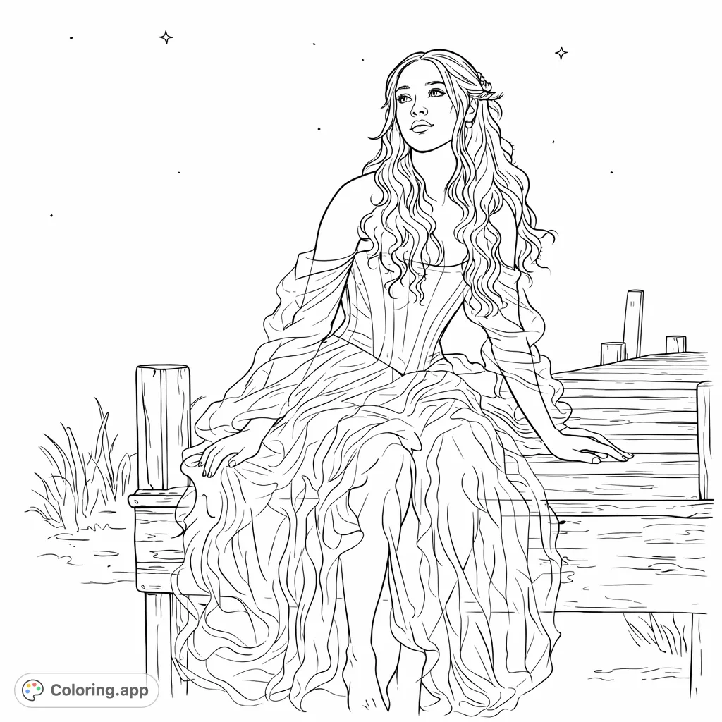 Enchanting maiden in a flowing gown sits on a dock under a starlit expanse. A serene and mystical scene, perfect for imaginative coloring.