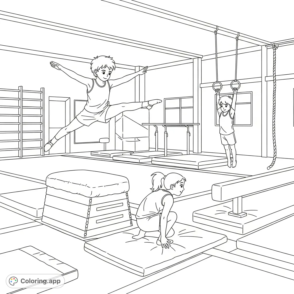 Three energetic children showcase their agility in a dynamic gymnastics gym, performing parkour vaults, poised springs, and playful swings on various equipment.
