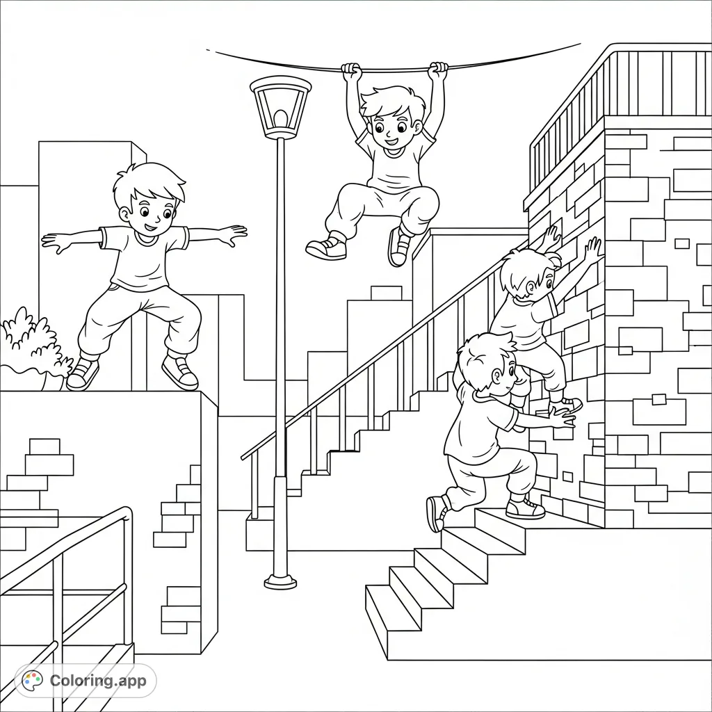 Dynamic cartoon kids showcase amazing parkour moves across an urban playground. Leap, swing, and climb through this energetic scene. A fun, free printable coloring page.