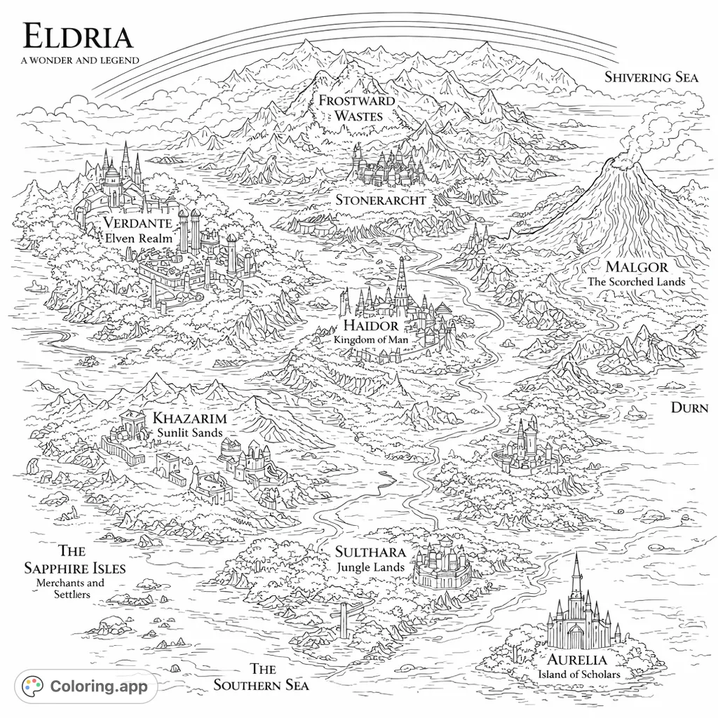 Explore the vast and varied lands of Andria, a detailed fantasy world map with diverse landscapes, majestic castles, and mythical creatures. A true adventure.