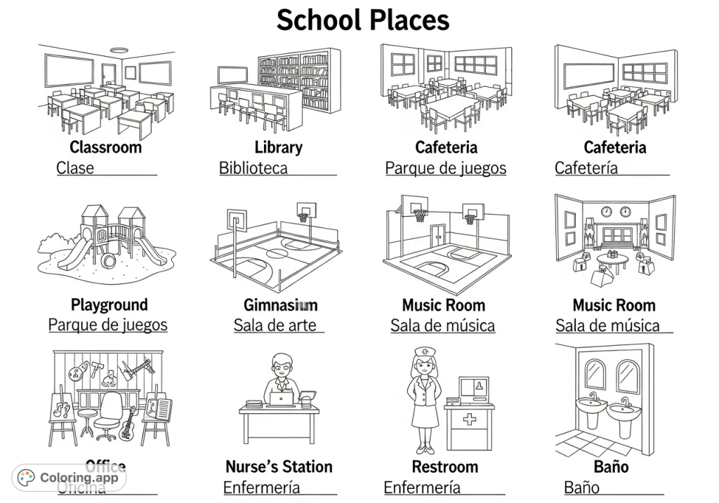 An engaging free printable coloring page featuring ten distinct school locations with English and Spanish vocabulary for young learners to color and practice handwriting.