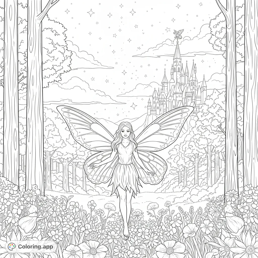 A whimsical fairy flutters among wildflowers in an enchanted forest, with a majestic castle under a star-dusted dusk sky. A magical scene awaits your colors.