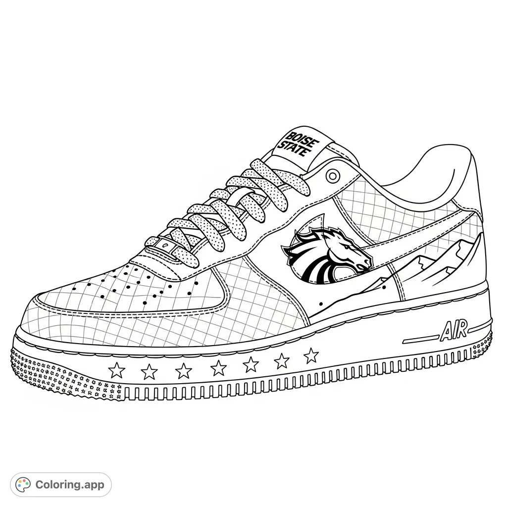 A detailed Nike Air Force 1 sneaker featuring the iconic Boise State Broncos logo, textured turf patterns, and subtle mountain elements. A must-have for fans!