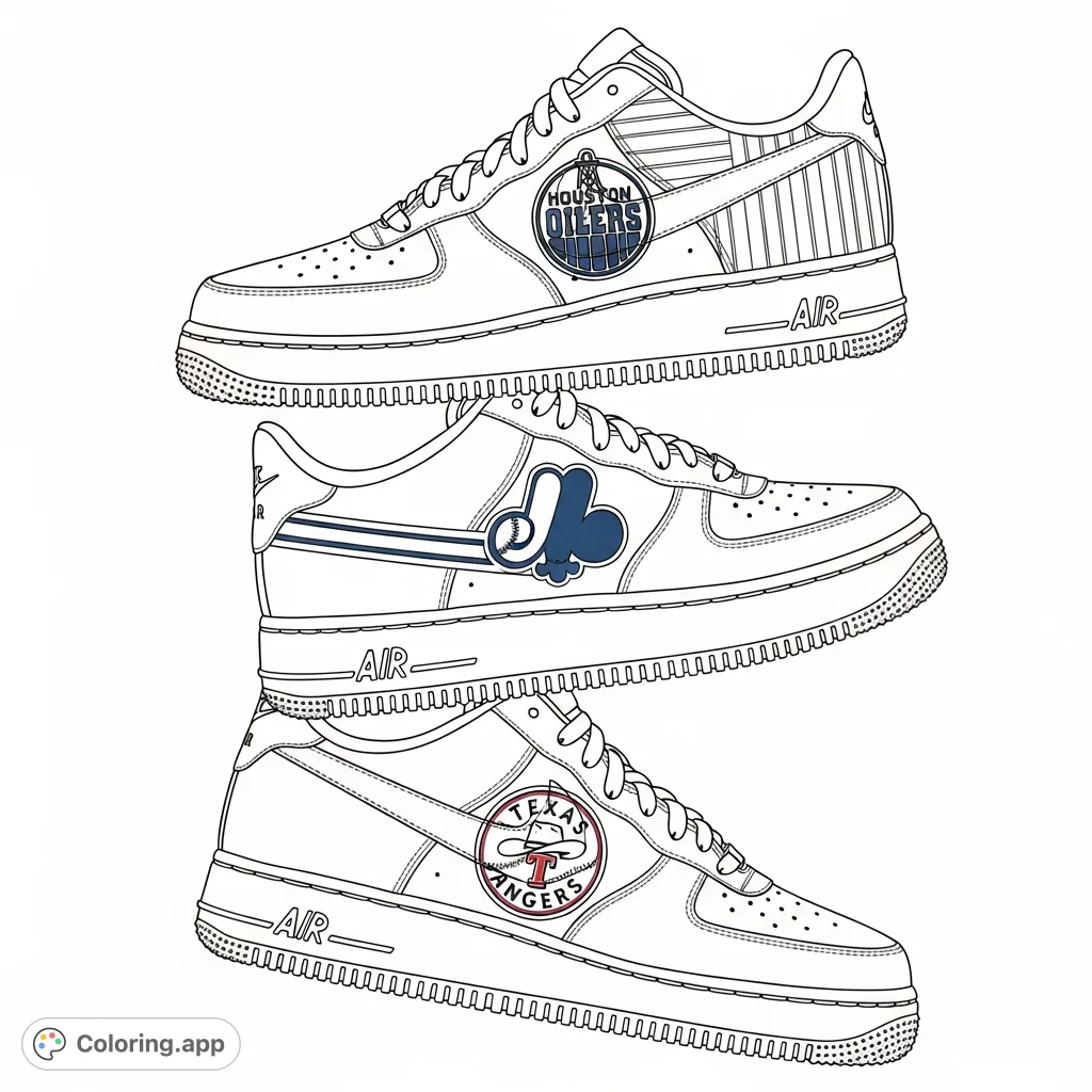Color three iconic Air Force 1 sneakers, each celebrating a legendary vintage sports team: Houston Oilers, Montreal Expos, and Texas Rangers. A must for fans!