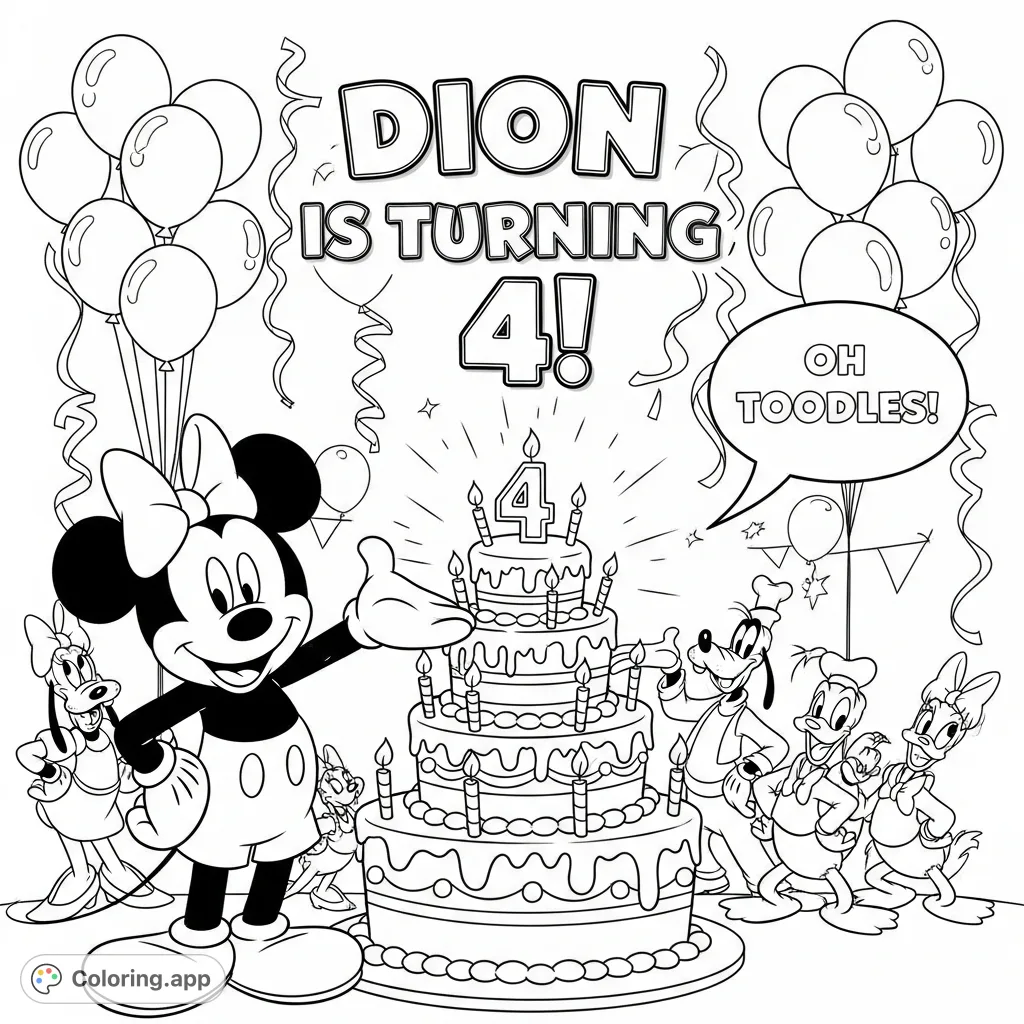 Join Mickey Mouse and friends for a festive birthday celebration! Features a multi-tiered cake, balloons, and beloved characters for a fun coloring page.