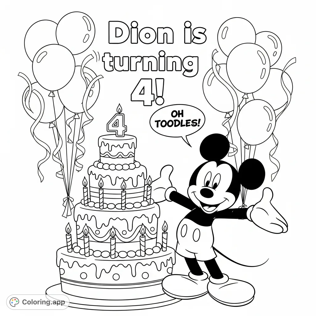 A delightful Mickey Mouse birthday coloring page featuring Mickey beside a multi-tiered cake, balloons, streamers, and personalized text for a 4th birthday!