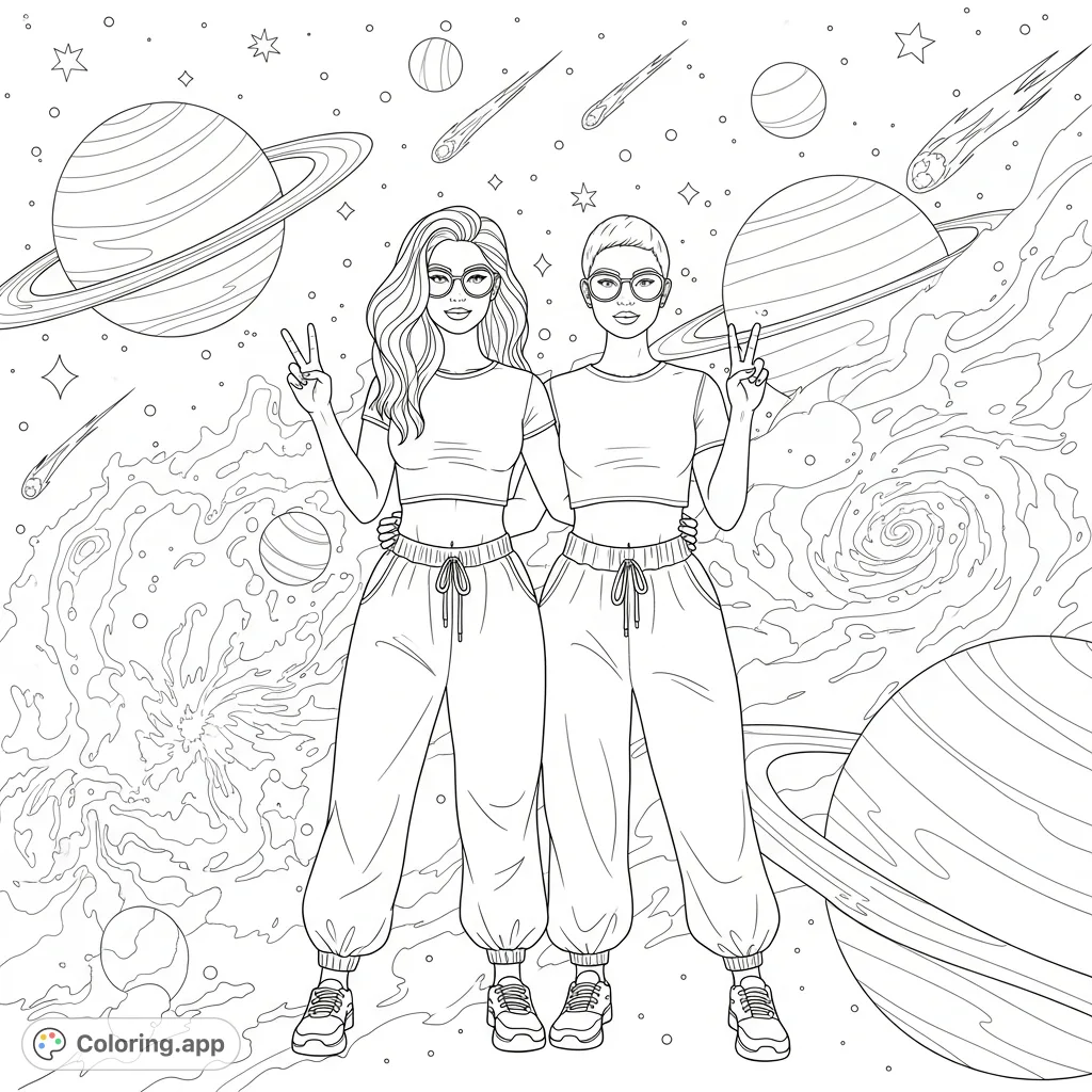 Two stylish women with glasses, crop tops, and sweatpants make peace signs against a stunning backdrop of stars, planets, and swirling nebulae. A cool, empowering cosmic journey awaits your colors.