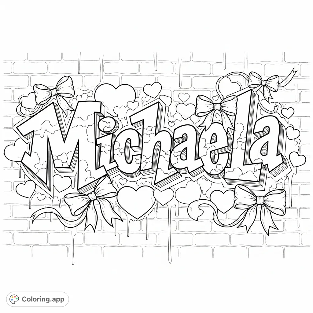 A vibrant "Michaela" graffiti coloring page featuring bold letters, scattered hearts, delicate bows, and a textured brick wall background. Perfect for personalization.