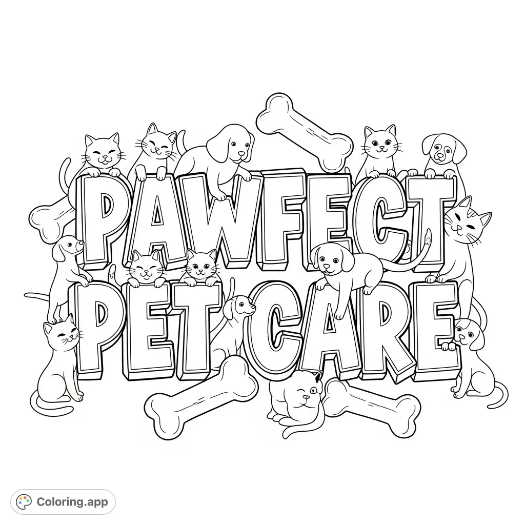 A fun, graffiti-style 'PAWFECT PET CARE' title surrounded by playful cats, dogs, and simple treats. Perfect for animal lovers and creative coloring.