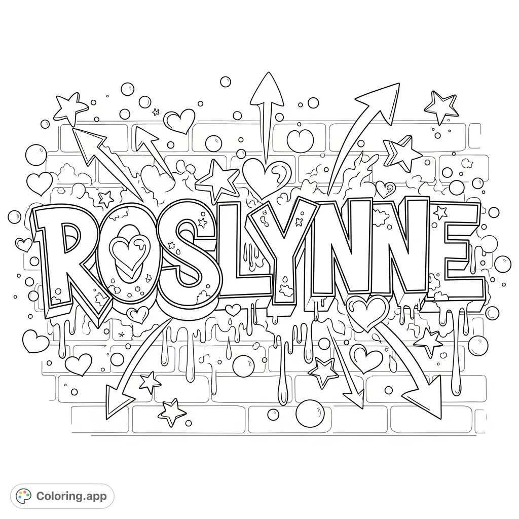 Unleash creativity on a dynamic "ROSLYNNE" graffiti lettering page. Bold letters, interlocking forms, drips, stars, and hearts fill an energetic street art scene.