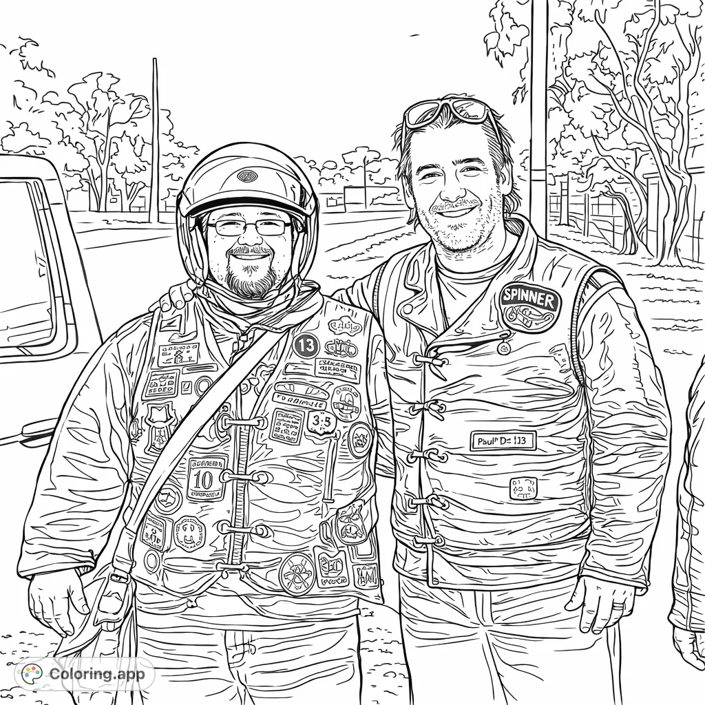 Two smiling motorcycle enthusiasts in detailed jackets and vests adorned with patches, standing by a road. A fun biker friends coloring page.