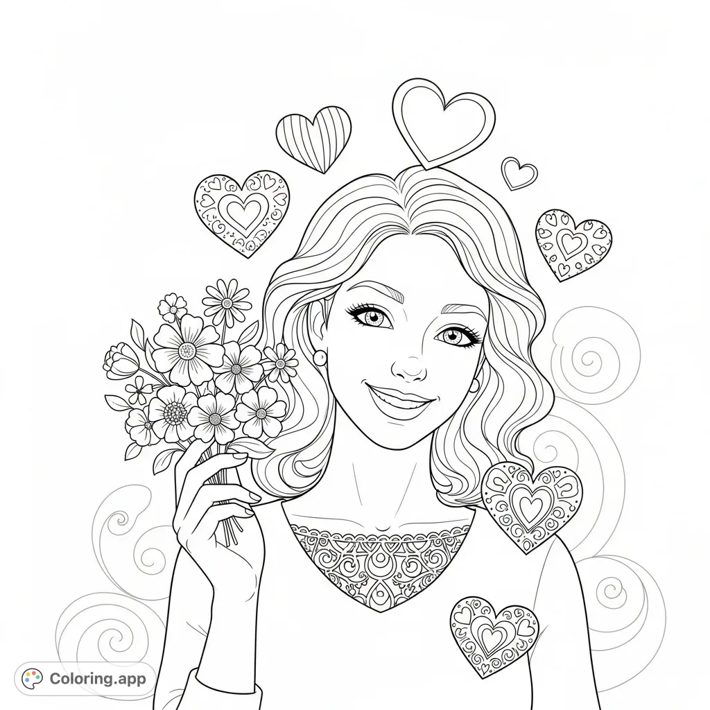 A delightful Brittnie coloring page featuring a charming depiction of Brittnie surrounded by an array of delicate flowers and whimsical hearts, perfect for creative expression.