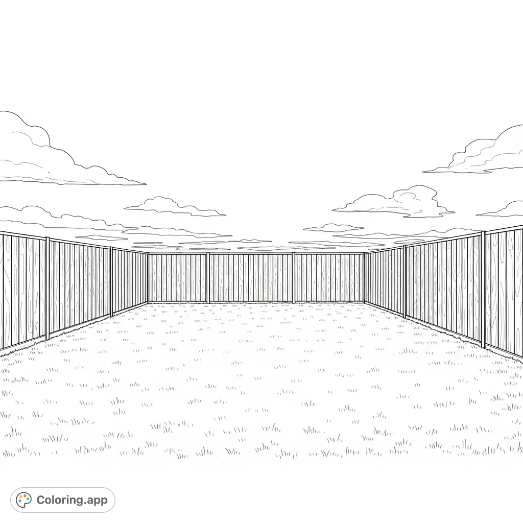 Discover a free printable backyard landscape coloring page. A spacious lawn and a wooden fence provide a perfect blank canvas for your creativity.