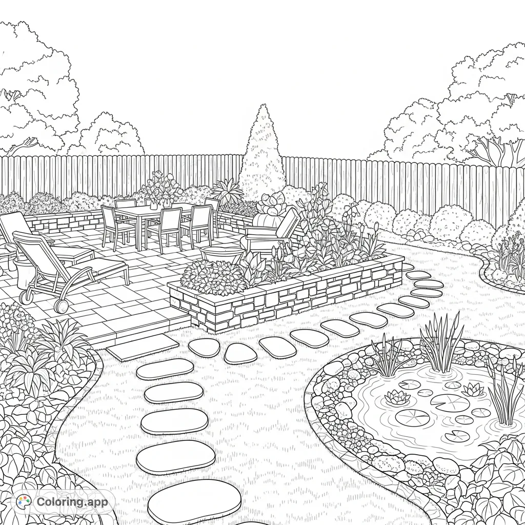 Explore a serene backyard oasis with a paved patio, cozy furniture, a vibrant garden, and a tranquil pond, perfect for nature and outdoor enthusiasts.