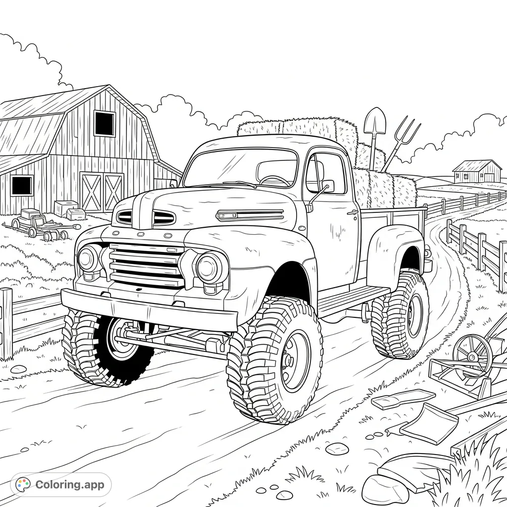 Discover a rugged, lifted vintage Ford farm truck, loaded with hay bales, set against a rustic barn. A detailed, free printable farm truck coloring page.