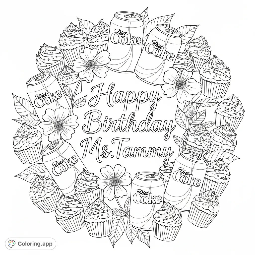 A delightful coloring page featuring 'Happy Birthday Ms.Tammy' in decorative script, surrounded by charming flowers, Diet Coke cans, and detailed cupcakes with sprinkles.