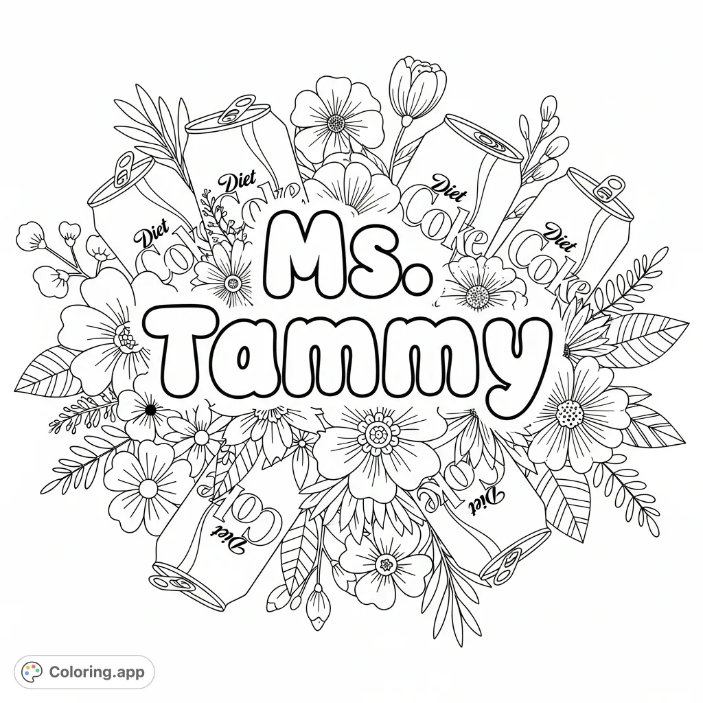 A unique personalized coloring page featuring "Ms. Tammy" in bubble letters, artfully framed by an assortment of detailed flowers and classic Diet Coke cans.